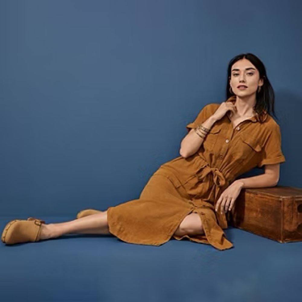 a.n.a. Linen Blend Midi Shirt Dress Tie Waist Button Front Brown M NWT - Picture 3 of 12